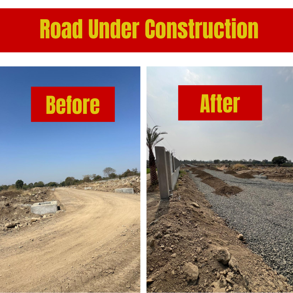 Before-after road construction progress at premier Katol Road Nagpur residential layout showing quality infrastructure development